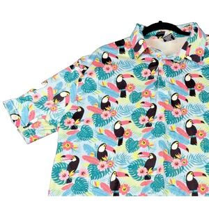 Golf Gods Mens Large Toucan Tropical Performance Polo Shirt Blue Pink Hibiscus
